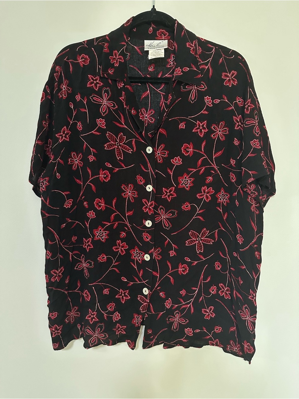 Kathie Lee Collection Black Button-Down Top with Red Floral Embroidery
